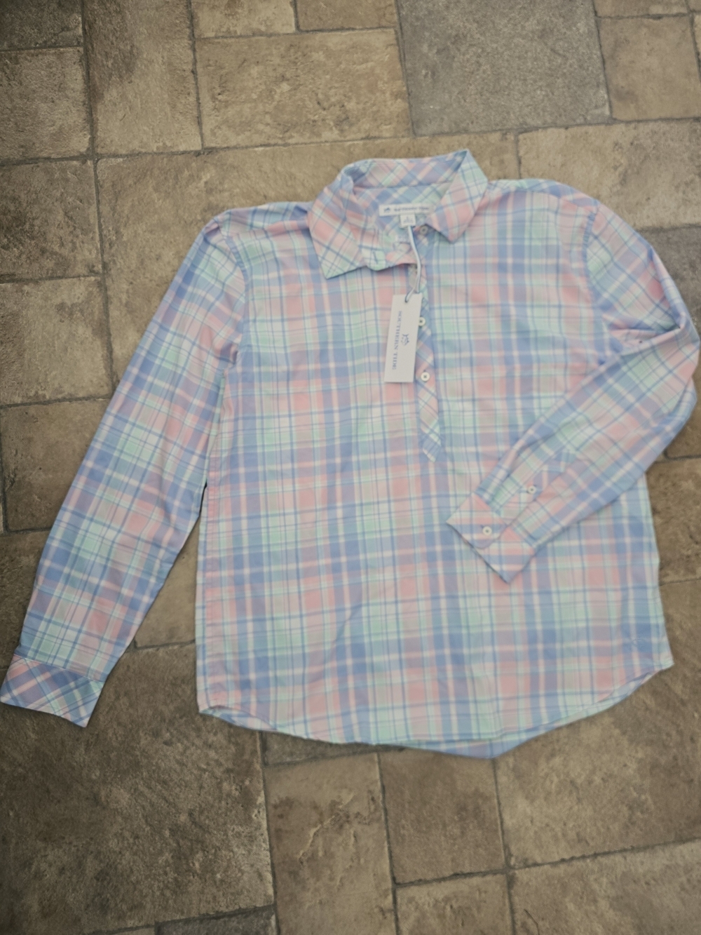 Southern Tide Girls' Pastel Plaid Button-Down Shirt - Pink, Blue & Mint